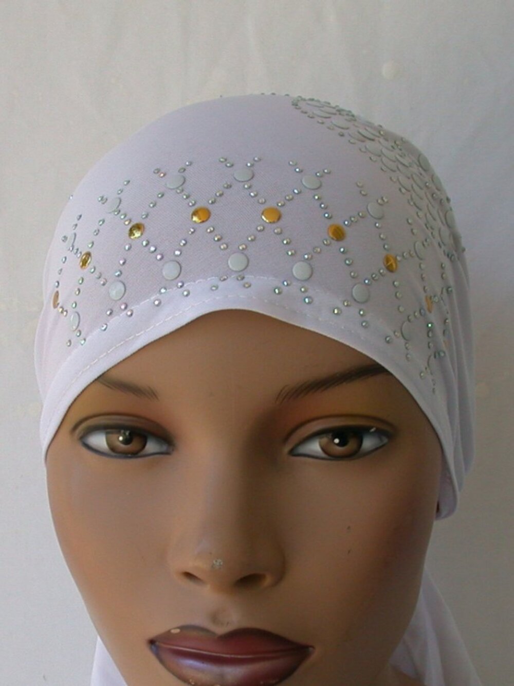 WHITE Fancy Girl Stud Chemo Cap Slip On Bonnet Hijab Undercap #2